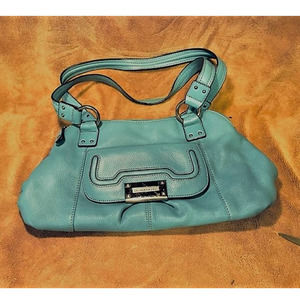 Tignanello Sky Blue Pebbled Leather Double Zipper Double Strap Satchel